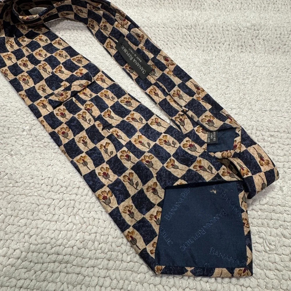 Banana Republic Tie Men OS Blue Tan Floral Check 100% Silk Italy Heritage Preppy